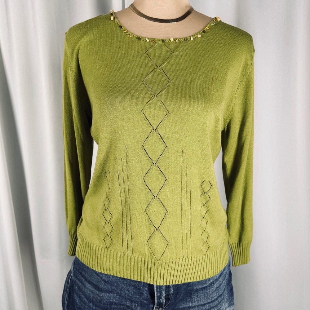 Evan-Picone‎ Green Beaded Neckline Pointelle Diamond Knit Sweater Womens Medium - Picture 2 of 14